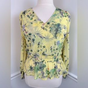 INC INTERNATIONAL CONCEPTS Yellow Floral Mesh Long Sleeve Peplum Top NWT | XL